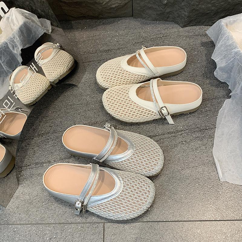 Half Slippers Women's Summer Wear Fisherman Baotou Flat Bottom Sandals Inner Height Increase One Pedal Mesh Breathable 2025 Weaving