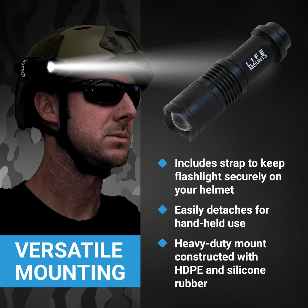 Life Mounts ARC Rail Helmet Flashlight x White LED Rotation Weatherproof Impact Resistant Detachable Tactical Helmet Mount Flashlight - 3.5" 1.5", -