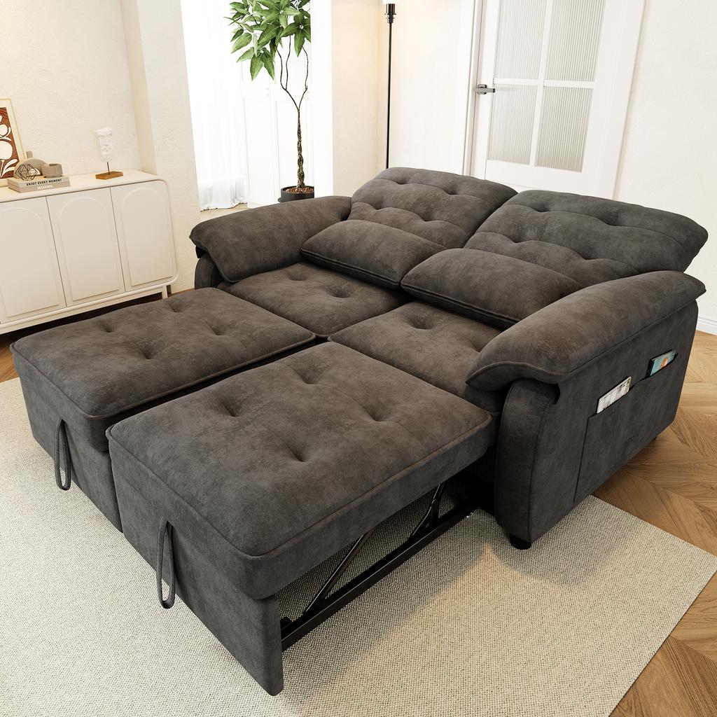 3-in-1 Double Sofa Bed with Adjustable Backrest and Bed Function, Convertible Sofa with USB Charging Port, Chenille Fabric, Grey, Incl. 2 Cushions
