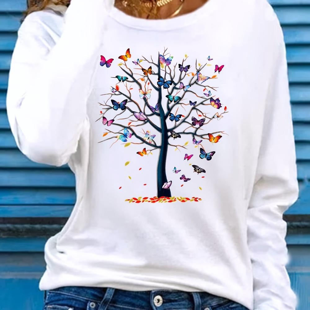 Women'S Cotton Long Sleeve T-Shirt Leaf and Birds Casual Top Fall Winter Fashion Ladies T Shirts Clothing Artistic Print Tee