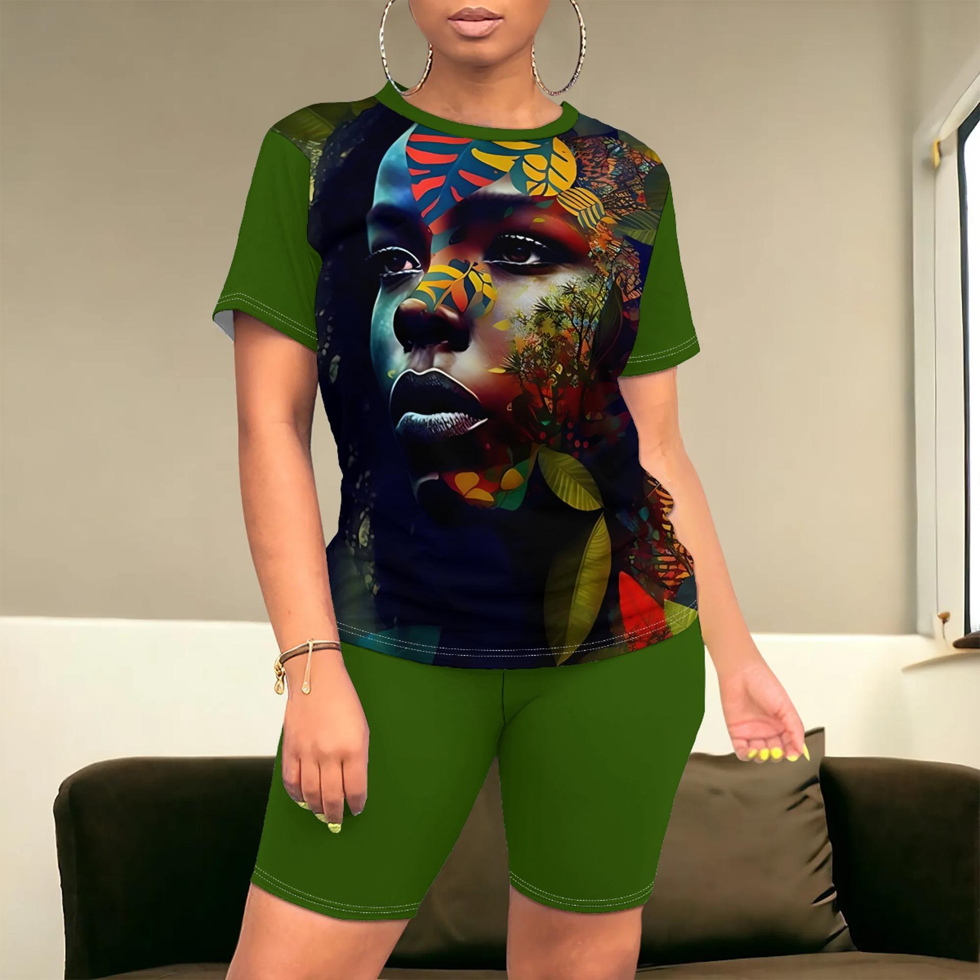 2026 New European and American Style 3D Printed Short Sleeve and Shorts Set Women s Summer Casual Fashion Two-Piece Cross-border Trendy Style S