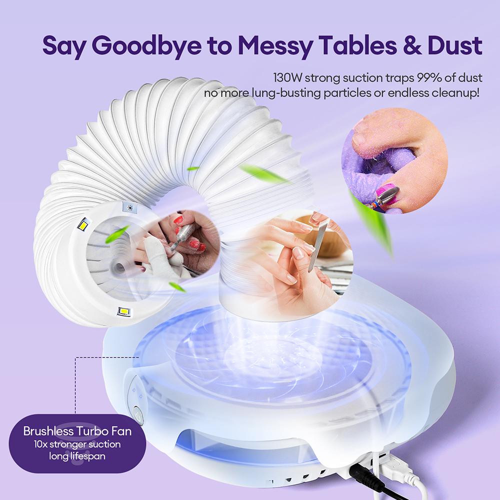 2 In 1 Brushless Turbo Nail Vacuum Cleaner 130W Strong Suction Nail Dust Collector Manicure Extractor Fan Nail Art Salon Tool