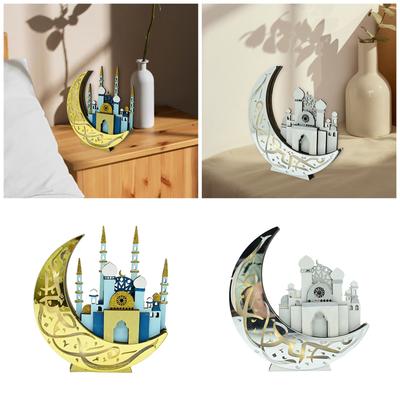 LED Lighted Wood Moon Castles Mosque Eid Festival Tabletop Decoration Ornament for Muslims Islamic Ramadans Holiday Gift
