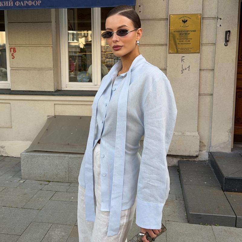 Fashion Cotton Strap Shirt for Women Spring Autumn Bandage Elegant Solid Color Slim Fit Top Commuting Casual Simple Long Sleeve Blouse Sweet Clothing