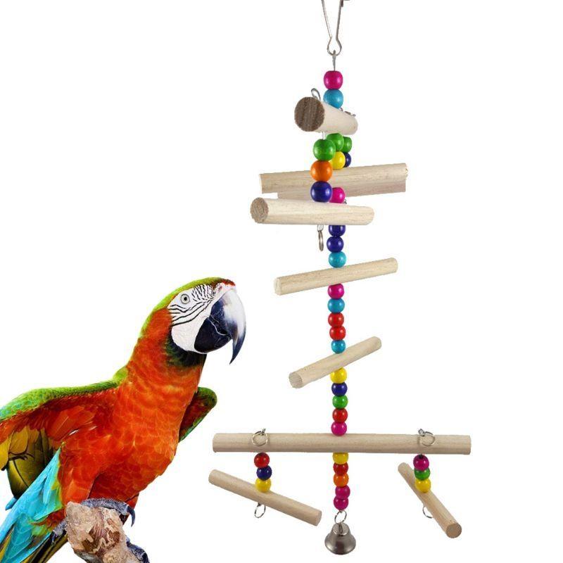 Bird Chewing Toy Wooden Perch Stand Climbing Ladder Parrot Cage Training Colorful Biting Toy with Hanging Hook