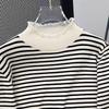 Semi-turtleneck lace knitted sweater autumn and winter new women's clothing pullover long-sleeved splicing striped slim-fit sweater top