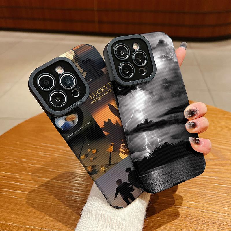Vertical Grain Leather Shell Lucky Day Printed Patterned Shockproof Soft Silicone Case with Camera Lens Full Protection for iPhone
