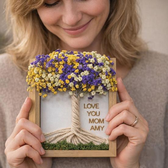 Dřevěný DIY fotorámeček s umělým kyticí gypsophily pro obývací pokoj, ložnici, kancelář, domácí dekoraci stolu, dárky ke Dni matek pro maminku, ženy