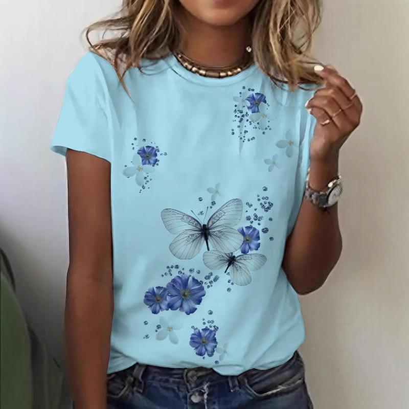 Summer Women's 3D Printed Fresh Butterfly Casual Loose Round Neck Short Sleeved T-shirt