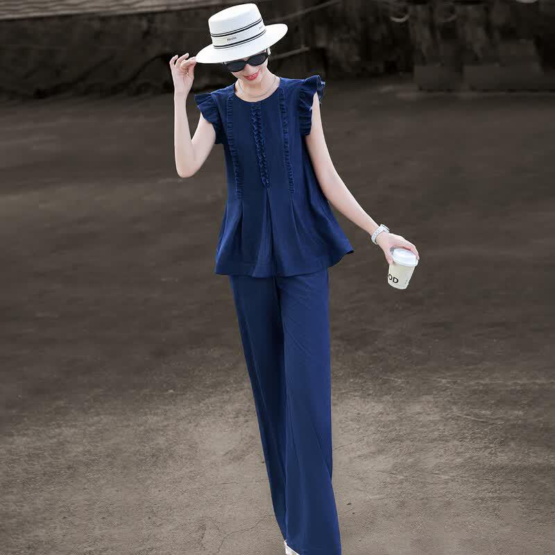 Lanse er 2026 Summer Denim-Style Ruffle Flutter Sleeve Wide-Leg Pants Set M