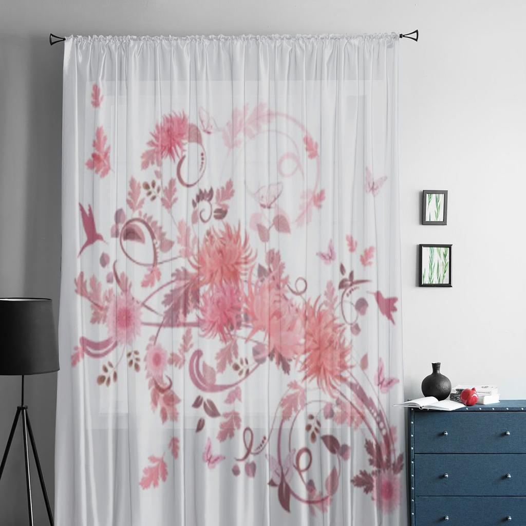 Pink Swirl Flowers Tulle Curtains for Living Room Bedroom Window Sheer Curtains Kitchen Balcony Voile Curtains