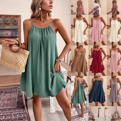 Damen Spaghetti-Träger Ärmellos Locker Einfarbig Mini-Kleid Lässig Rückenbindung Urlaub A-Linie Kurzes Kleid