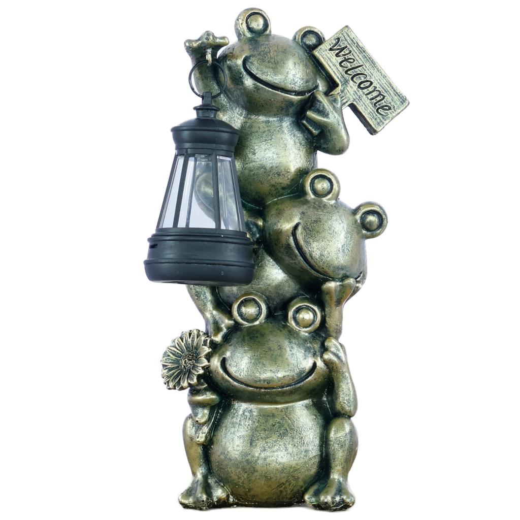 Gestapelte Frosch-Gartenstatue mit Solar-Laterne & Willkommensschild - Outdoor-Terrassendekoration, Frosch-Dekoration aus Harz für Garteneingang