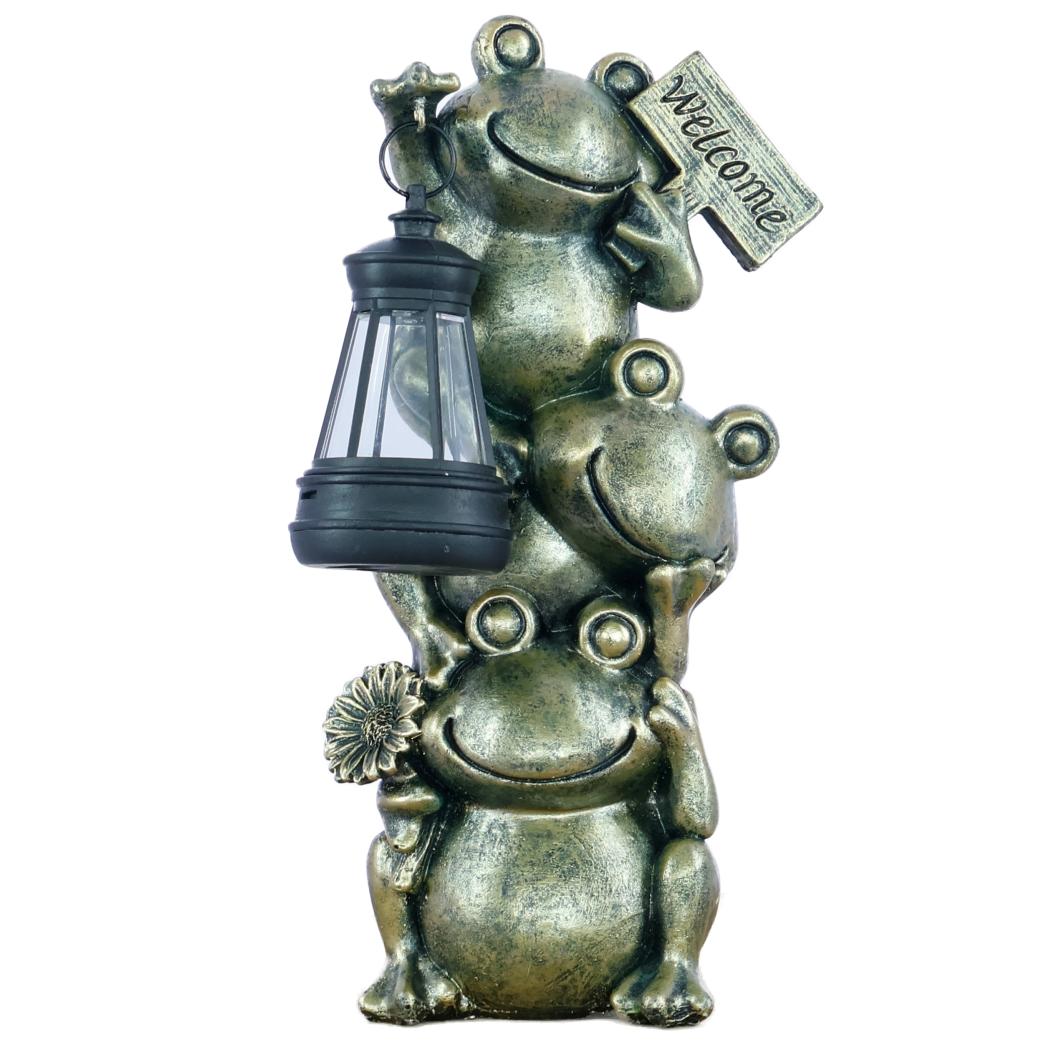 

Stacked Frog Garden Statue with Solar Lantern & Welcome Sign - Outdoor Patio Decoration, Resin Frog Decor for Garden Entryway бронзовый
