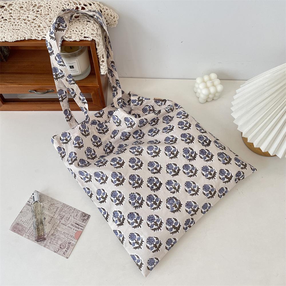 Summer Retro Floral Single-layer Thin Shoulder Bag Large-capacity Canvas Bag Women's Shopping Commuter Shoulder Bag