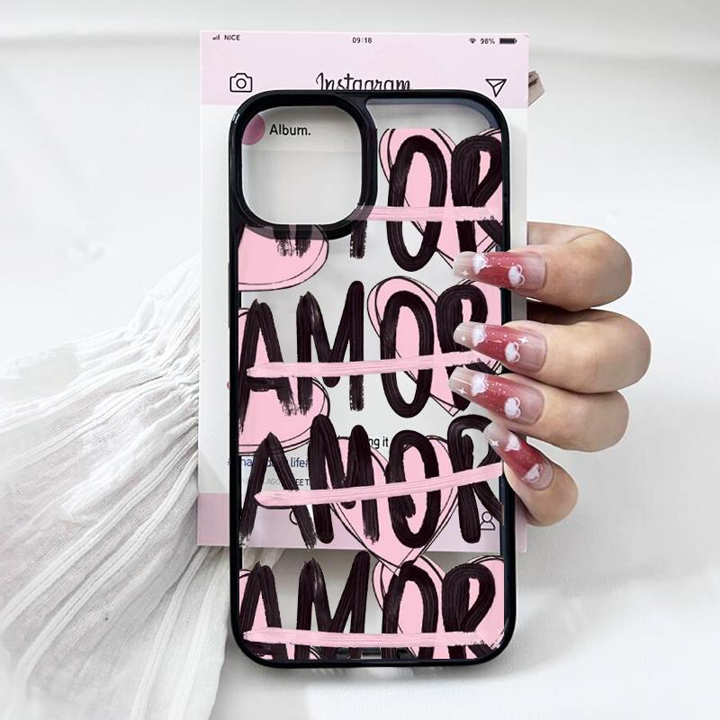 Amore-Love Italian Romantic Pink Lettering Phone Case for IPhone 16 12 13 Mini 11 17 14 15 Pro Max XR 7 8 Plus Shockproof Cover