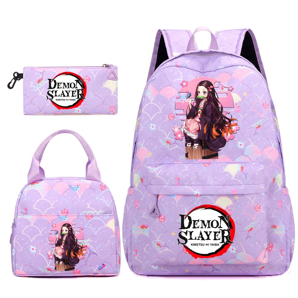 3Pcs/set Anime Demon Slayer Printed Backpack Handbag Pencil Case for Teenger Student Bookbag Women Large Capacity Waterproof Travel Bag Mochila