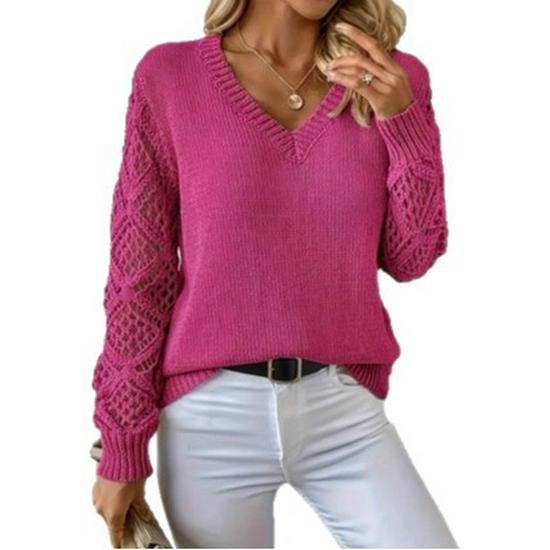 Euro-American V-Neck Hollow-Out Solid Long-Sleeve Sweater 906