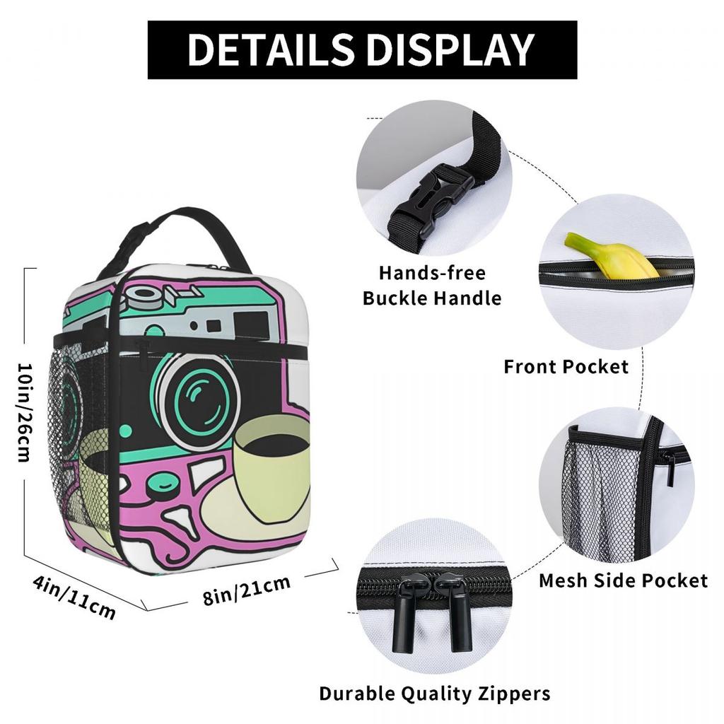 Camera And Coffee Pattern Insulated Lunch Bag for Women Children Portable Food Boxes Thermal Lunch Box Tote
