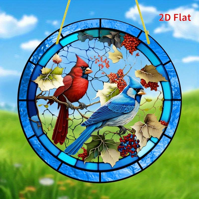 2D Flat Cardinal & Bluebird Stained Glass Decoration Sign, Autumn Leaves & Berries Design, Home Decor Plaque Hanging Wall Art Decorative Garden Decora