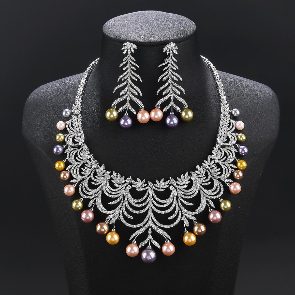 

Luxury Colors Pearl Necklace Earring Set White Cubic Zirconia Wedding Bridal Party Jewelry Sets For Women CN11594 срібний