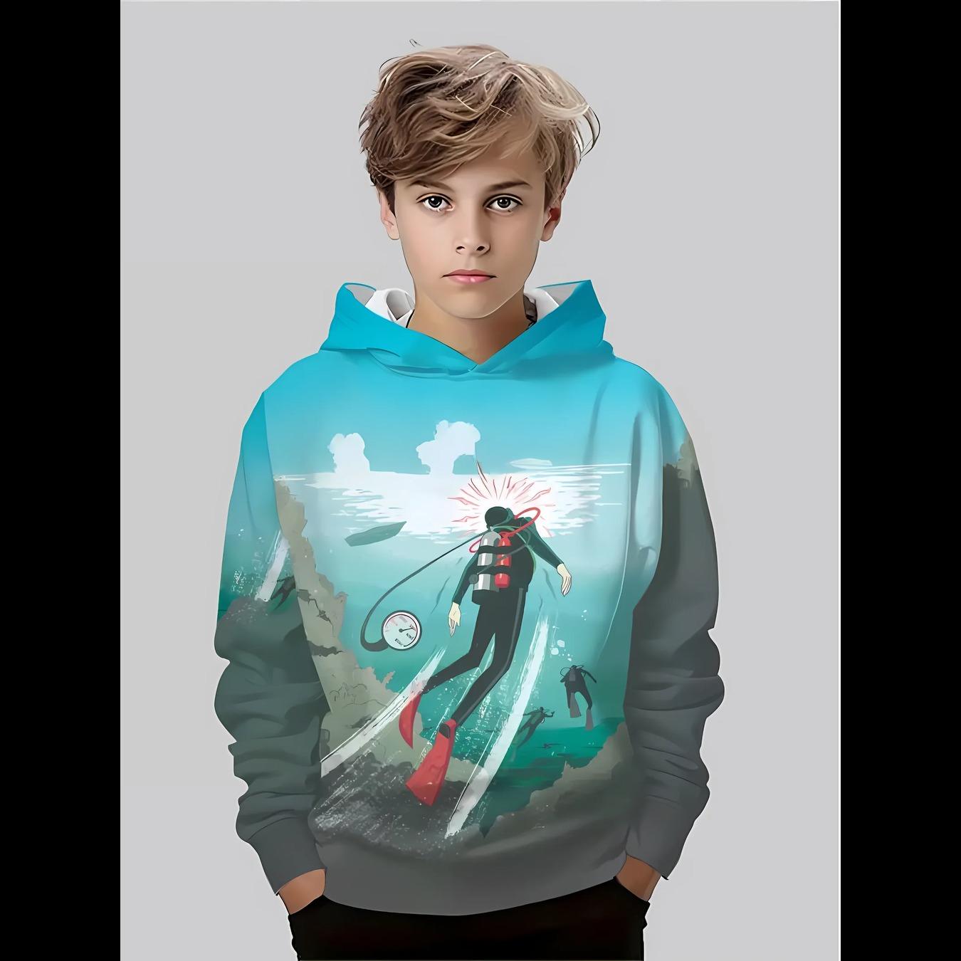 

The 2025 autumn new comfortable children s hooded sweatshirt with 3D diver pattern printed casual and fashionable pullover 13-14Y