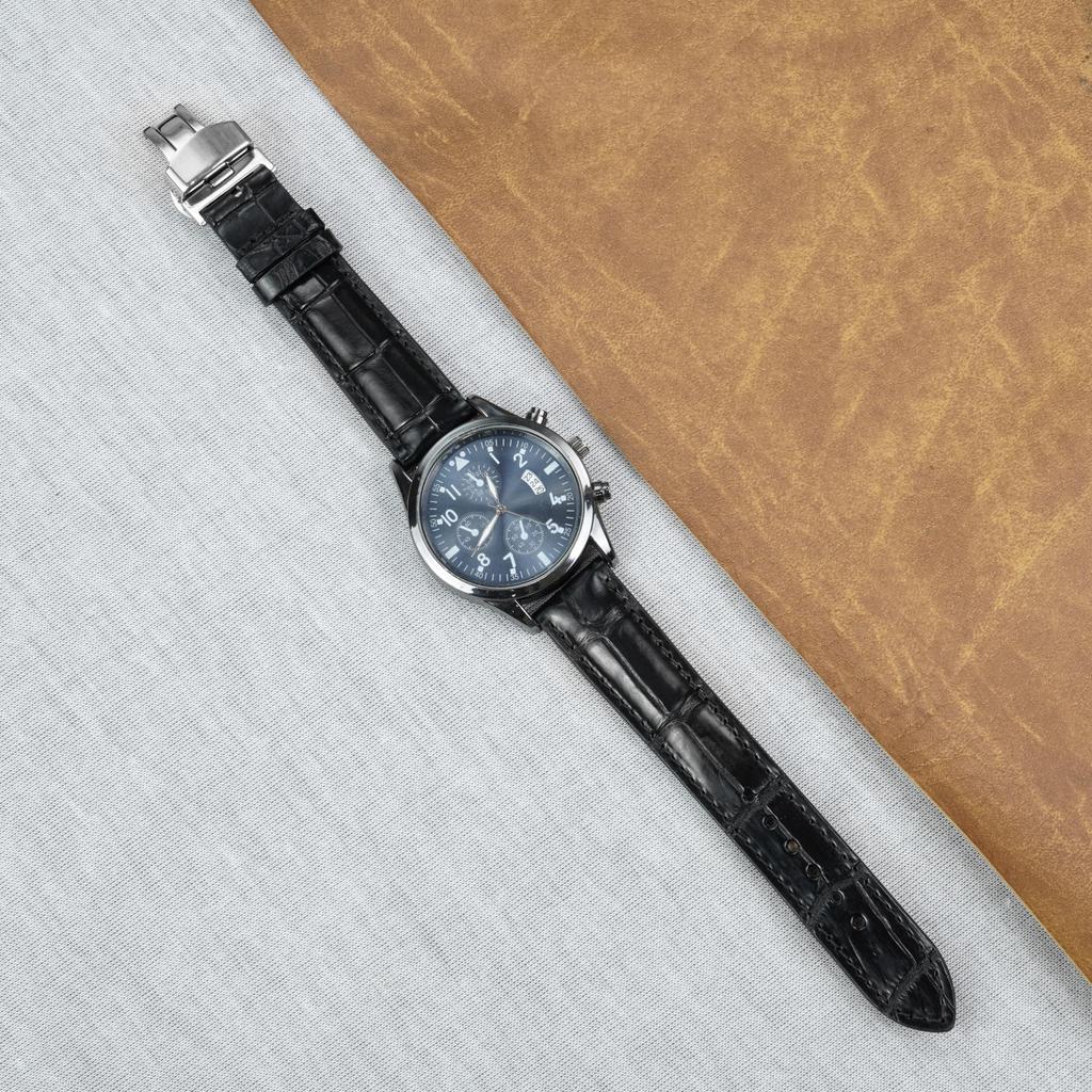 [vinacreations] 20mm Black Crocodile Watch Strap with D-Buckle, Men's Crocodile Replacement Watch Band with Quick Release Spring Bar, Silver Wristband