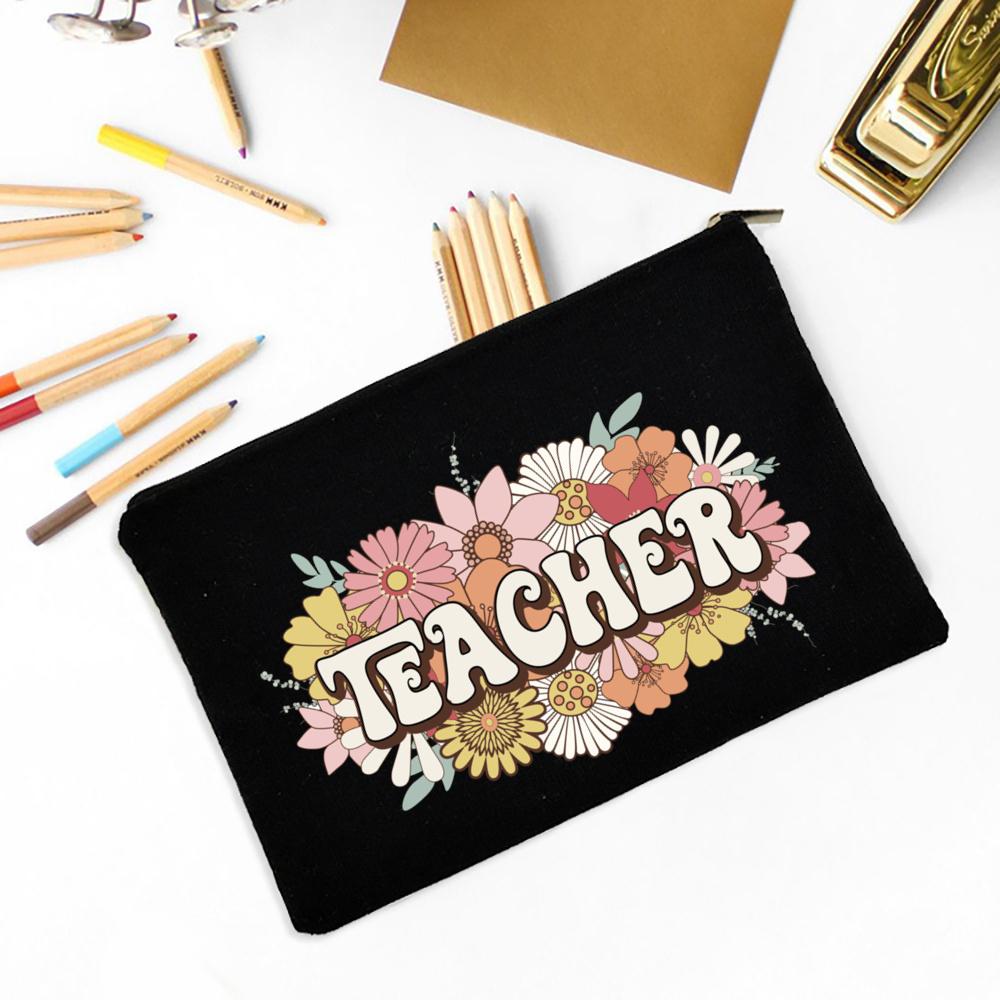 Teacher Flower Print Pencil Case Travel Makeup Bag School Stationery Supplies Storage Bags Wash Pouch Cosmetic Bags Teacher Gift
