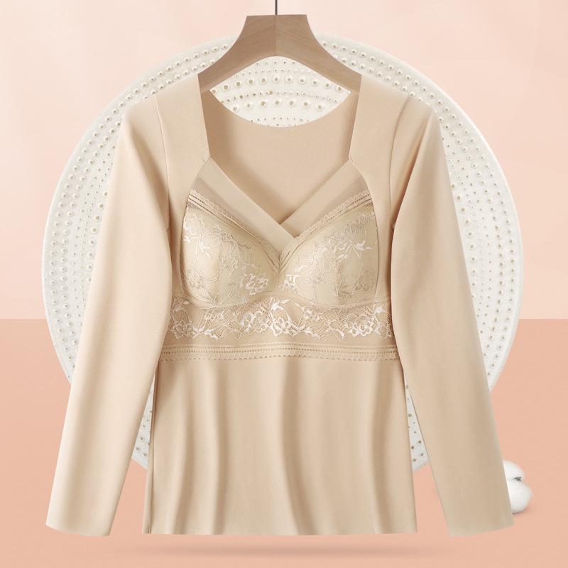 

Женский бесшовный кружевной бархатный топ с длинными рукавами и накладкой на грудь 3XL (145-165 jin)