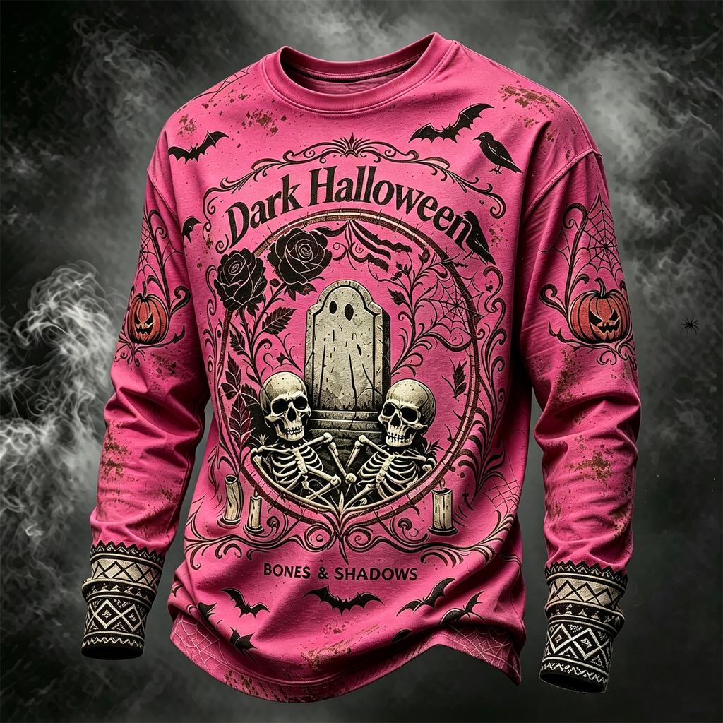 Men's Casual Long Sleeve Round Neck Top with Halloween Print for Seasonal Wear