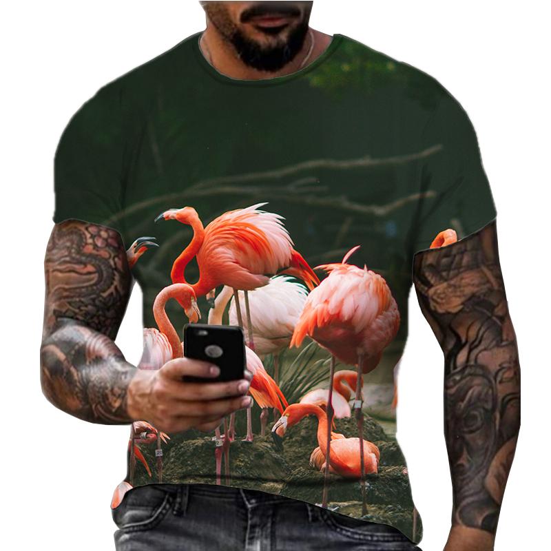 Summer New Flamingo 3D Digital Printed Top Short Sleeve Popular Trend American Fitness Round Neck Loose Men's T-shirt