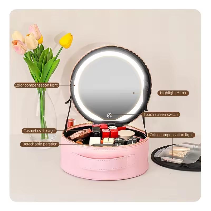Travel PU Makeup Bag With Led Mirror Portable Cosmetic Case With Mirror And Light Travel Rechargeable Makeup Bag With Led Light