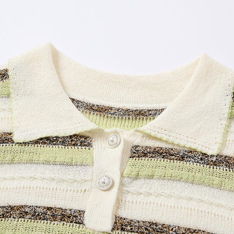 Women's Striped Polo Knit Short-Sleeve Top