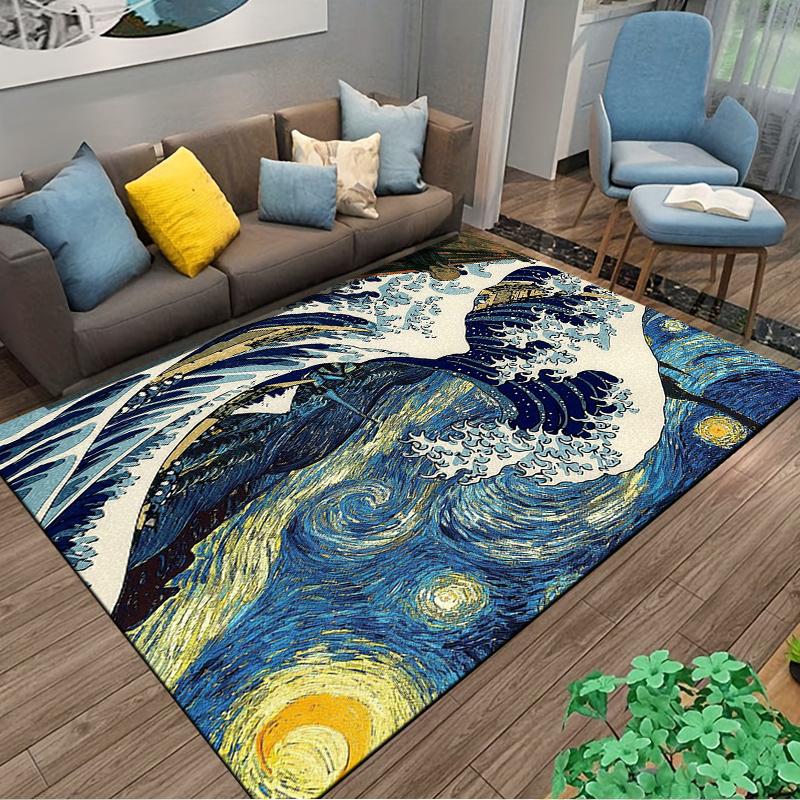 Artistic Rug with Waves and Starry Sky Design Suitable for use as an anti-slip game mat for living room and bedroom sofas