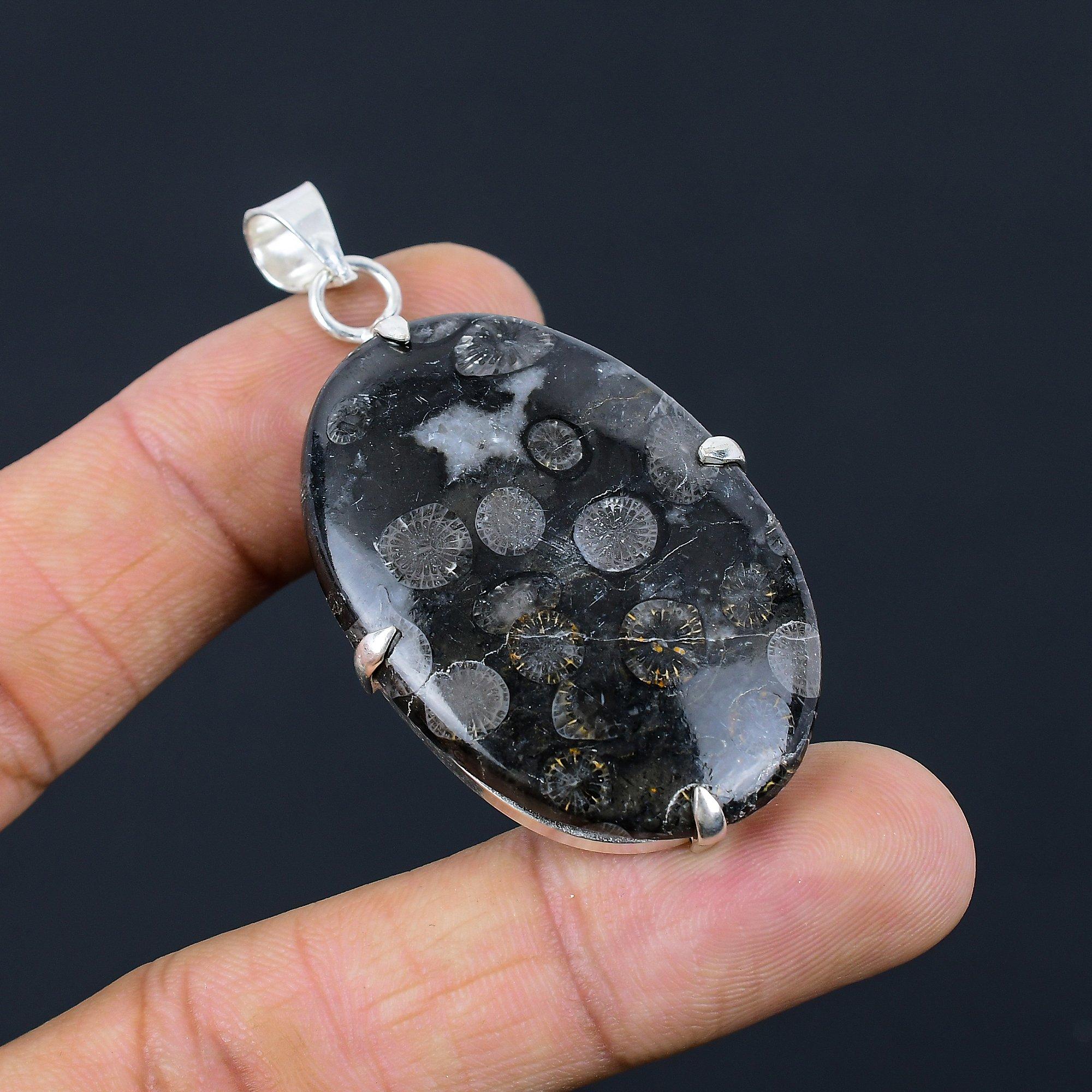

Mothers day Deal Black Fossil Coral Stone Pendant Jewelry 925 Sterling Silver