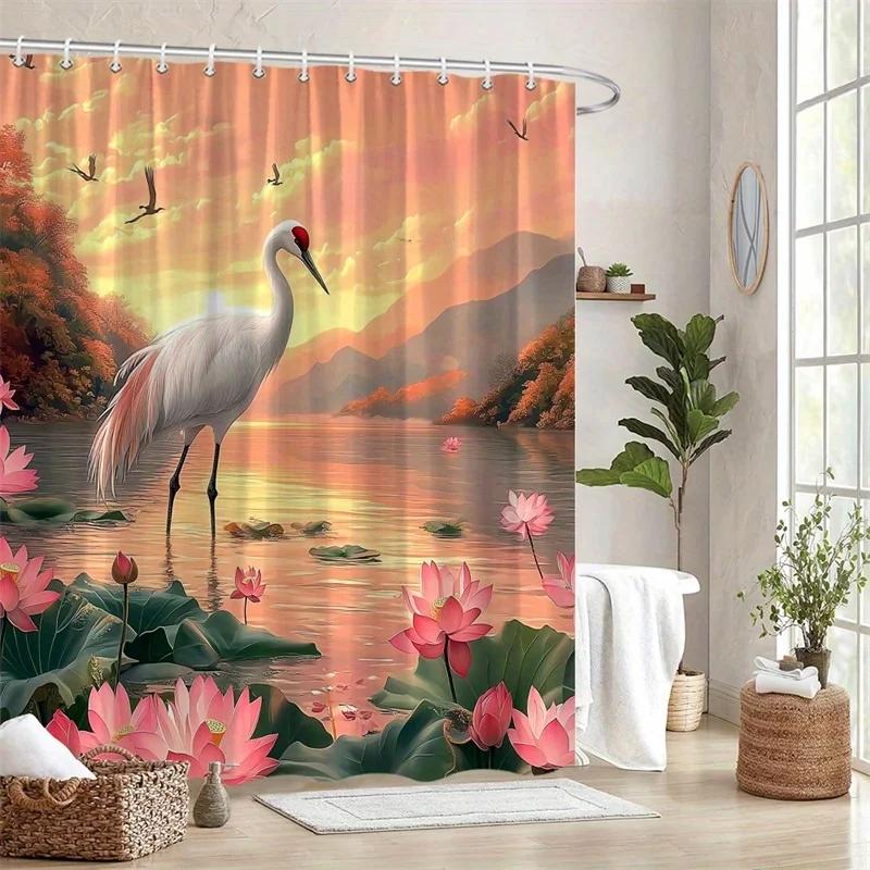 

1Pc White Crane & Pink For Lotus Lakeside Sunset Shower Curtain - Elegant Peaceful Nature Digital Illustration, Machine-Washable W60H190(CM)-1 Pcs