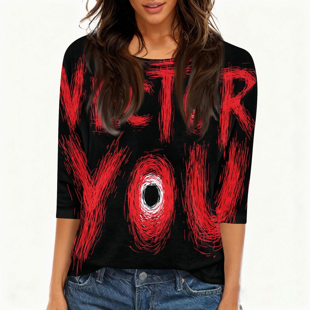 Women's Casual Round Neck Three Quarter Sleeve Halloween Print T Shirt Top Lightweight Comfortable Fit for Everyday Wear