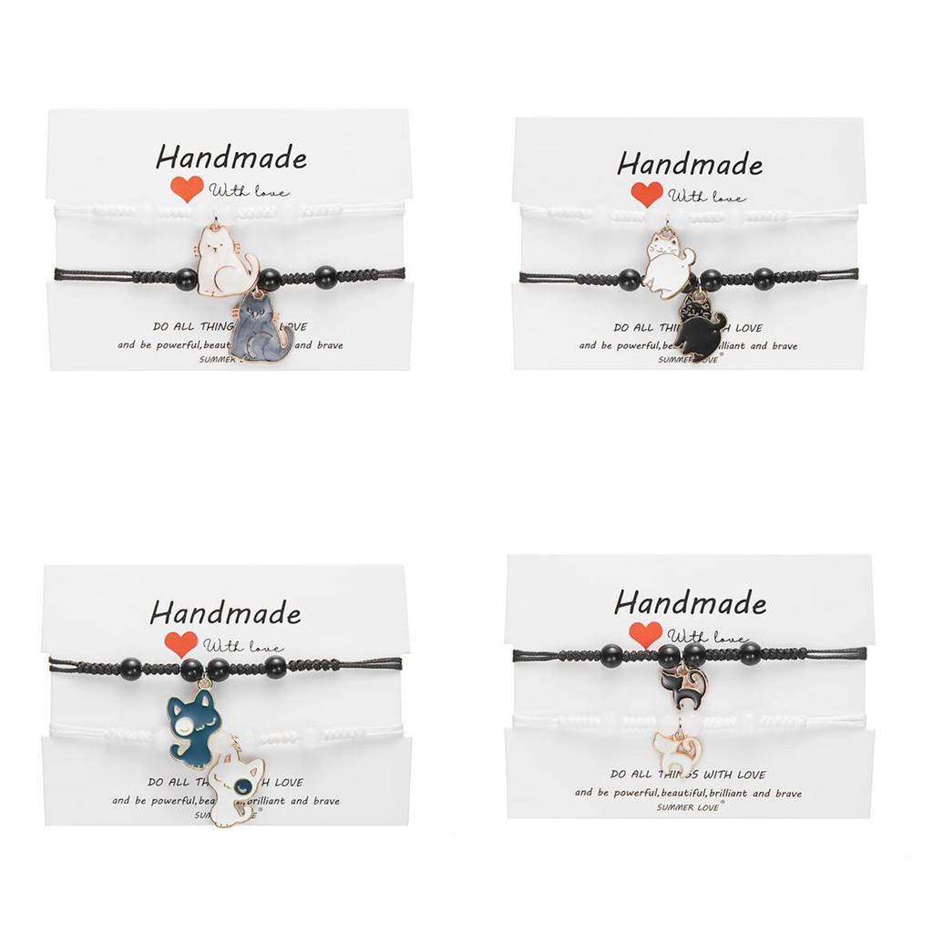 Cute Black White Cat Couple Bracelet for Women Men Handmade Braided Rope Adjustable Matching Bracelets Friendship Jewelry Gift