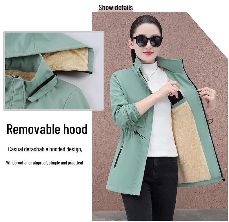 Women's Mid-length Hooded Windproof Fleece-Lined Jacket - Autumn/Winter 2025 Style