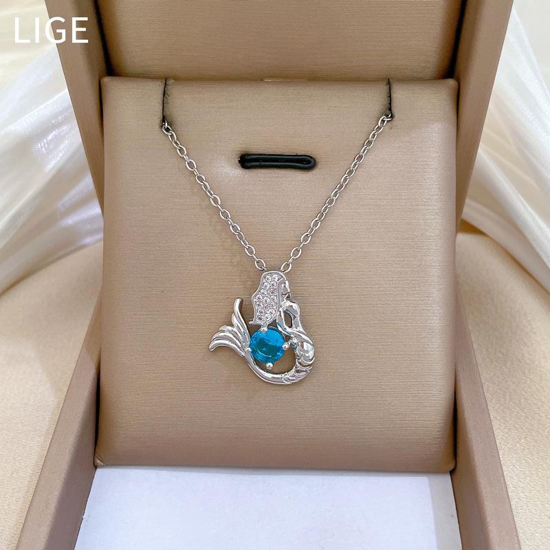 Sapphire Mermaid Light Luxury Temperament Gorgeous Full Diamond Necklace Female Versatile Collarbone Chain Titanium Steel Chain