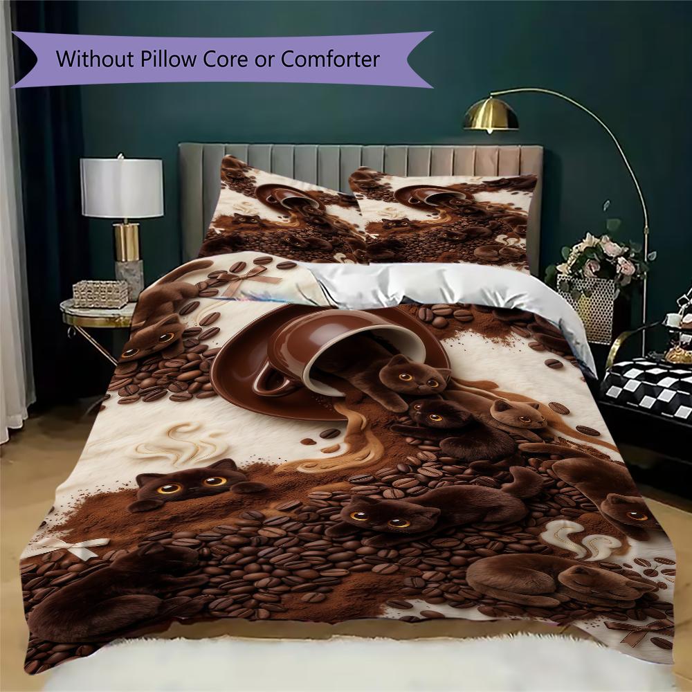Coffee Black Cat Pattern Bedding Uilt Set Uilt Cover Pillowcase Home Decoration Birthday Gift (1 * Duvet Cover + 2 * Pillowcase Without Core)