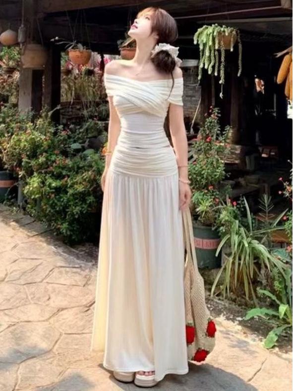 Women's French White Off-Shoulder Top & Knit Midi Skirt Set - Gentle Spring Design