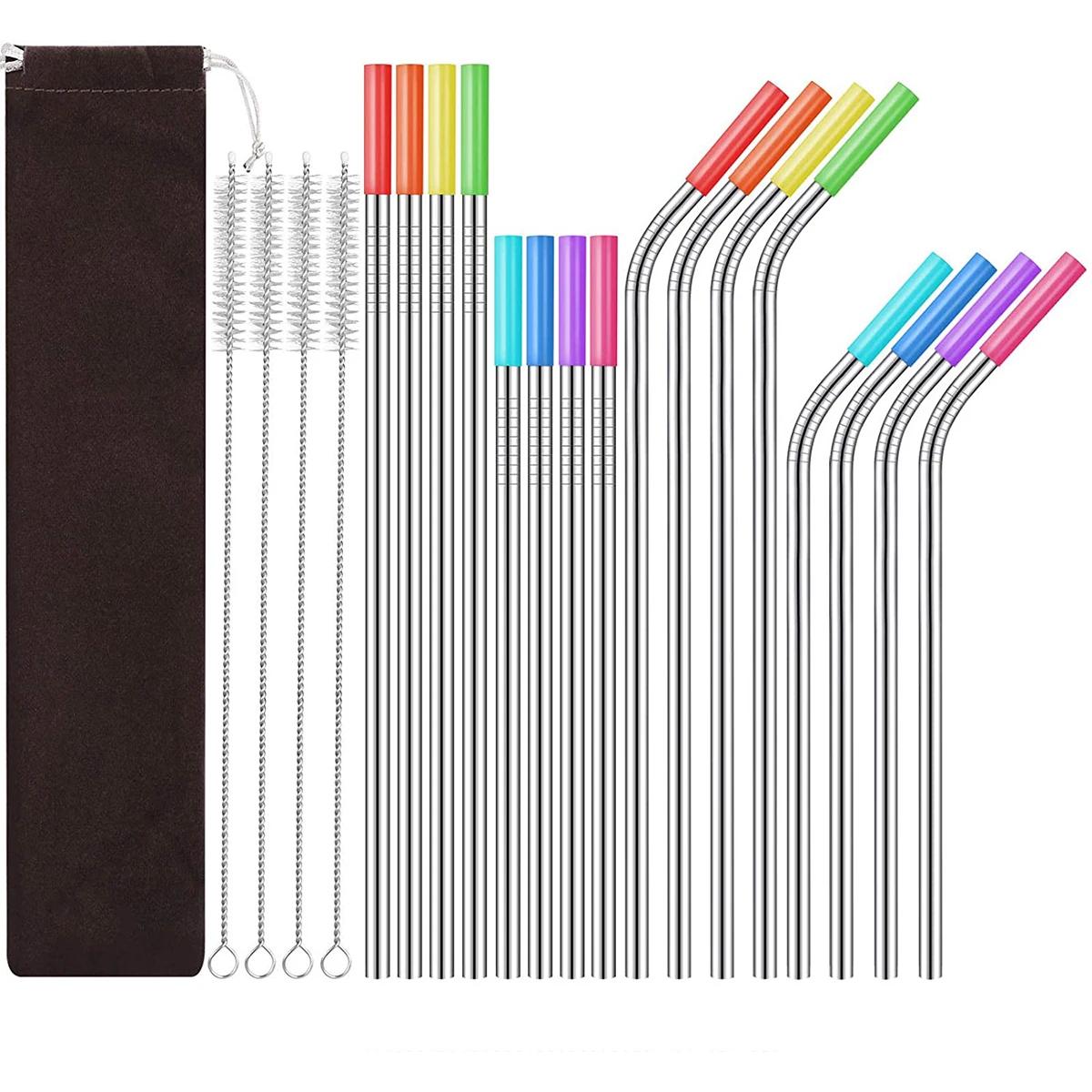 

1 set- stainless steel straw set silicone mouth portable metal straw brush set of 16 pieces (4 straw brushes +16 straws +16 sili светло-серый