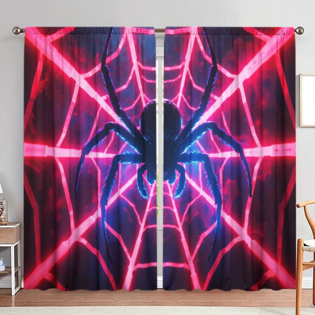 2 Panels Spiders and Glowing Spider Webs Printed Curtains   Shade and Privacy Protection   Suitable for Decorating Various Rooms