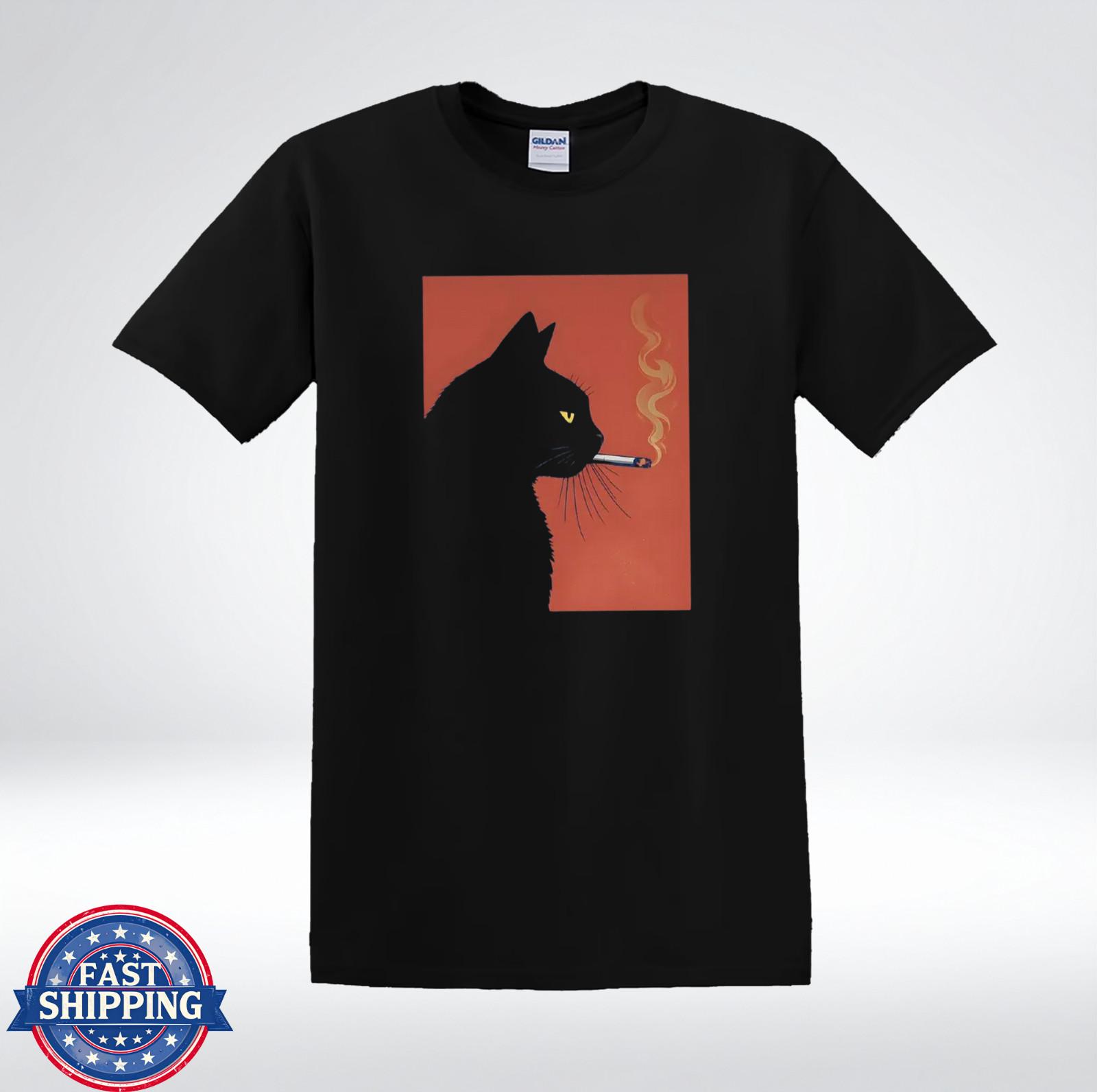 Black Cat Smoking Shirt Minimalist Cool Cat Aesthetic Tee T-Shirt XXL