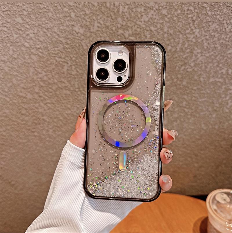 

Plating Ring for Magsafe Case for iPhone 15 16 17 Pro Max Magnetic Glitter Beads Quicksand Phone Cover Liquid Shell Funda For iPhone 16 Pro