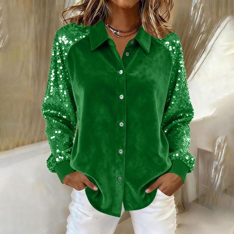 Chemise à Boutons Manches Longues Col Pointu Patchwork Velours et Paillettes pour Femme