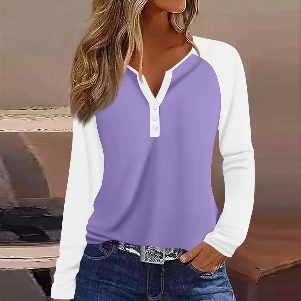 Women's T Shirt Color Block Button Long Sleeve Daily Weekend Fashion Basic V- Neck Regular Top