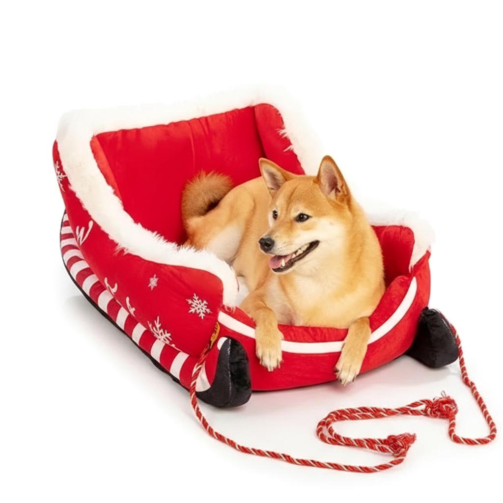 Christmas Sleigh Bed Removable Washable Plush Pet Warm Sofa with Non-Slip Base Christmas Cat Dog Nest for Winter Indoor Outdoor