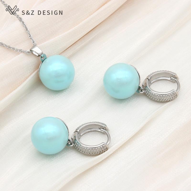 Cercei cu perle simulate, rotunde, colorate, la modă, seturi de bijuterii, pentru nuntă, colier elegant cu pandantiv în aur roz